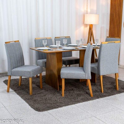 Mesa de Jantar Londres Tampo 160x80 Londres Cinamomo Cel M�veis + 6 Cadeiras Gabi Linho Cinza Estrutura Madeira Bom Lar - Entregue Montada