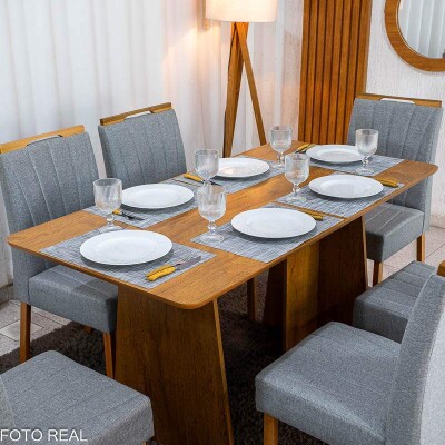 Mesa de Jantar Londres Tampo 160x80 Londres Cinamomo Cel M�veis + 6 Cadeiras Gabi Linho Cinza Estrutura Madeira Bom Lar - Entregue Montada
