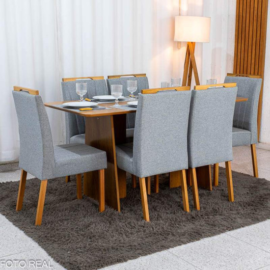 Mesa de Jantar Londres Tampo 160x80 Londres Cinamomo Cel M�veis + 6 Cadeiras Gabi Linho Cinza Estrutura Madeira Bom Lar - Entregue Montada