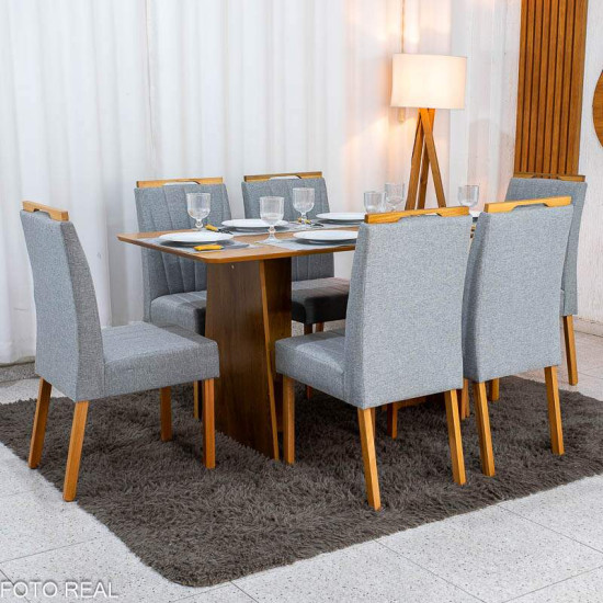 Mesa de Jantar Londres Tampo 160x80 Londres Cinamomo Cel M�veis + 6 Cadeiras Gabi Linho Cinza Estrutura Madeira Bom Lar - Entregue Montada