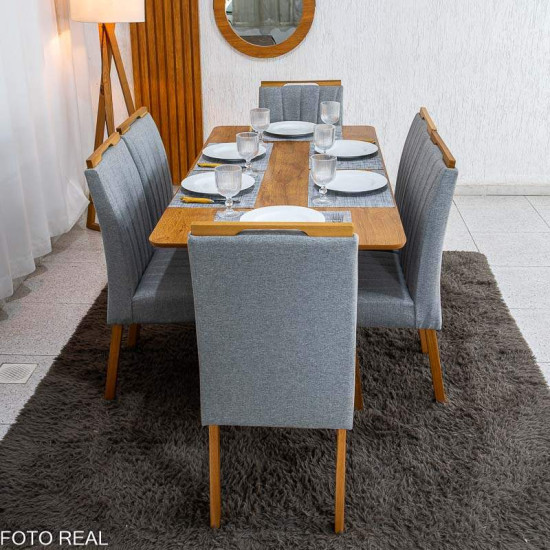 Mesa de Jantar Londres Tampo 160x80 Londres Cinamomo Cel M�veis + 6 Cadeiras Gabi Linho Cinza Estrutura Madeira Bom Lar - Entregue Montada