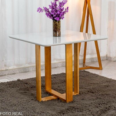 Mesa T�quio 90x90 Vidro Off/Base Base Madeira 