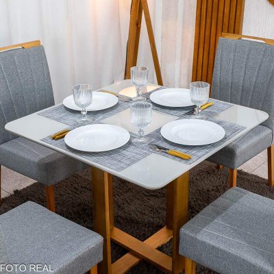 Mesa T�quio 90x90 Vidro Off Base Madeira + 4 Cadeiras Gabi Linho Cinza Estrutura Madeira Bom Lar - Entregue Montada