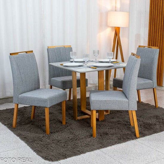 Mesa T�quio 90x90 Vidro Off Base Madeira + 4 Cadeiras Gabi Linho Cinza Estrutura Madeira Bom Lar - Entregue Montada