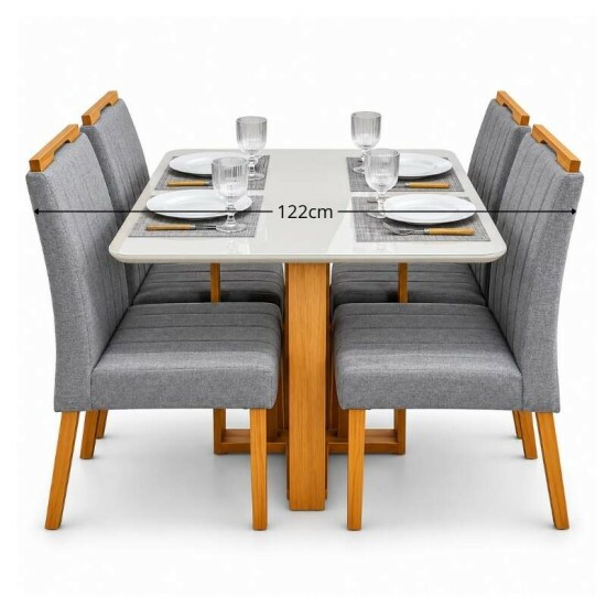 Mesa T�quio 90x90 Vidro Off Base Madeira + 4 Cadeiras Gabi Linho Cinza Estrutura Madeira Bom Lar - Entregue Montada