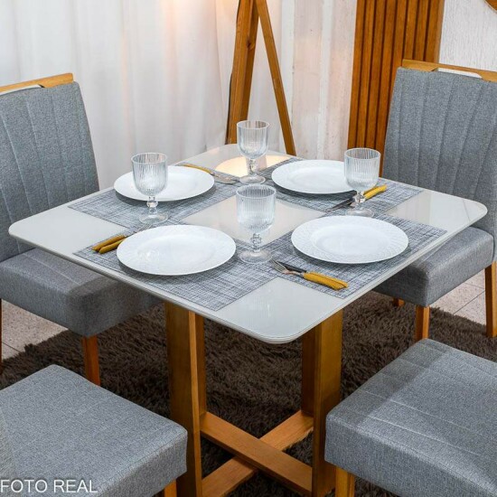 Mesa T�quio 90x90 Vidro Off Base Madeira + 4 Cadeiras Gabi Linho Cinza Estrutura Madeira Bom Lar - Entregue Montada