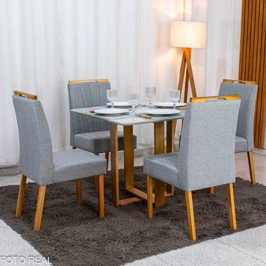 Mesa T�quio 90x90 Vidro Off Base Madeira + 4 Cadeiras Gabi Linho Cinza Estrutura Madeira Bom Lar - Entregue Montada