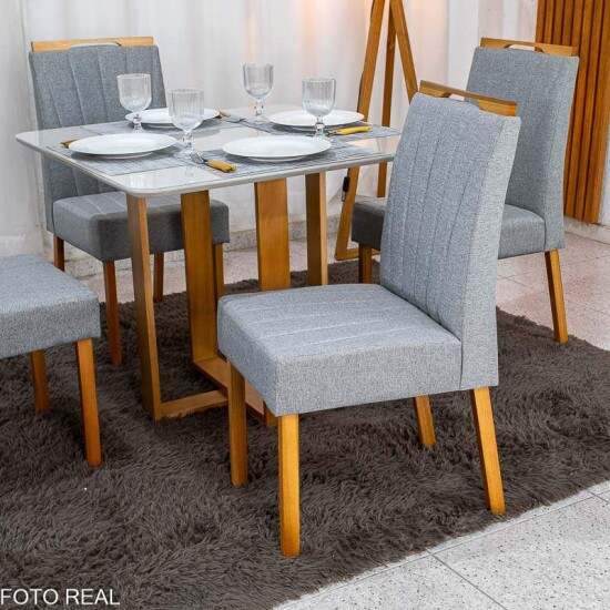 Mesa T�quio 90x90 Vidro Off Base Madeira + 4 Cadeiras Gabi Linho Cinza Estrutura Madeira Bom Lar - Entregue Montada