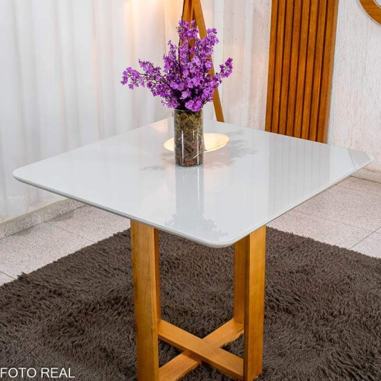 Mesa T�quio 90x90 Vidro Off Base Madeira + 4 Cadeiras Gabi Linho Cinza Estrutura Madeira Bom Lar - Entregue Montada