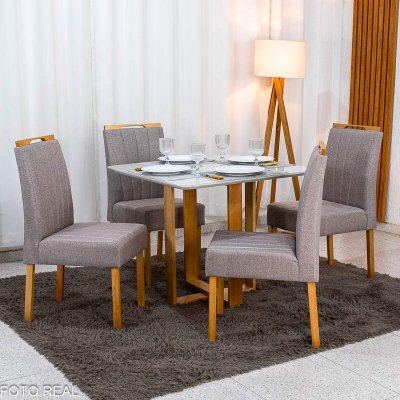 Mesa T�quio 90x90 Vidro Off Base Madeira + 4 Cadeiras Gabi Linho Marrom Estrutura Madeira Bom Lar - Entregue Montada