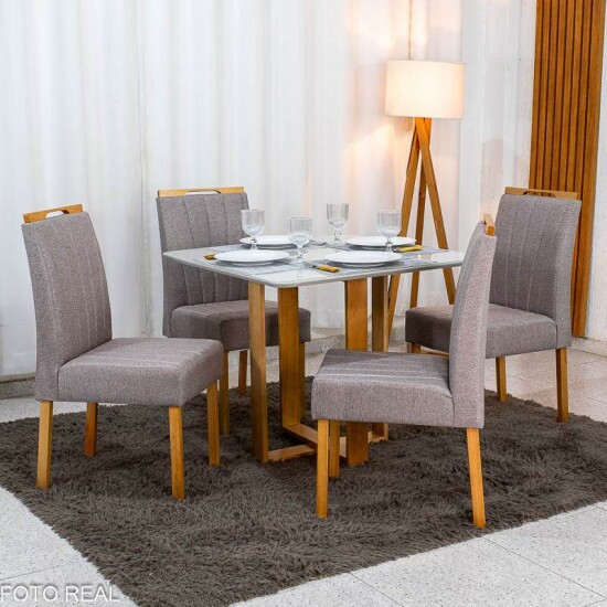 Mesa T�quio 90x90 Vidro Off Base Madeira + 4 Cadeiras Gabi Linho Marrom Estrutura Madeira Bom Lar - Entregue Montada