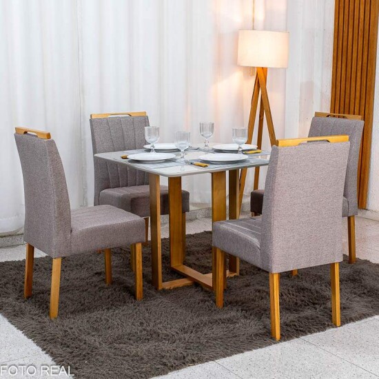 Mesa T�quio 90x90 Vidro Off Base Madeira + 4 Cadeiras Gabi Linho Marrom Estrutura Madeira Bom Lar - Entregue Montada