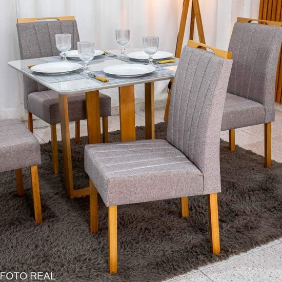 Mesa T�quio 90x90 Vidro Off Base Madeira + 4 Cadeiras Gabi Linho Marrom Estrutura Madeira Bom Lar - Entregue Montada
