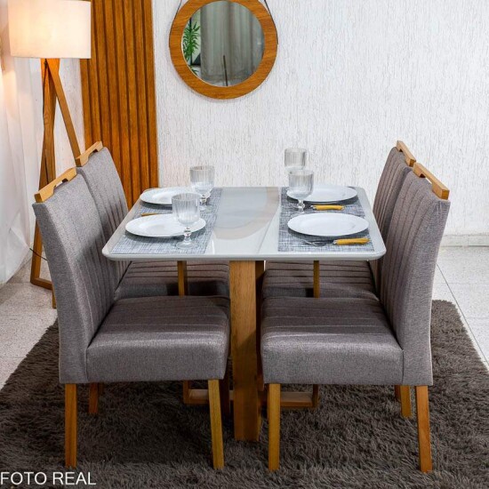 Mesa T�quio 90x90 Vidro Off Base Madeira + 4 Cadeiras Gabi Linho Marrom Estrutura Madeira Bom Lar - Entregue Montada