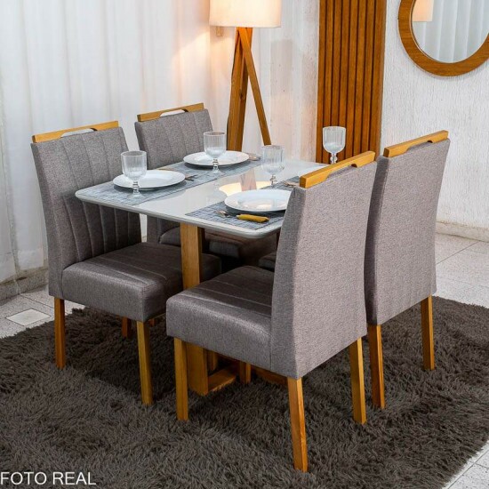 Mesa T�quio 90x90 Vidro Off Base Madeira + 4 Cadeiras Gabi Linho Marrom Estrutura Madeira Bom Lar - Entregue Montada