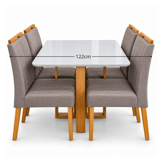 Mesa T�quio 90x90 Vidro Off Base Madeira + 4 Cadeiras Gabi Linho Marrom Estrutura Madeira Bom Lar - Entregue Montada