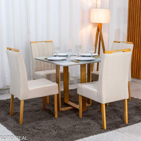 Mesa T�quio 90x90 Vidro Off Base Madeira + 4 Cadeiras Gabi Linho Bege Estrutura Madeira Bom Lar - Entregue Montada
