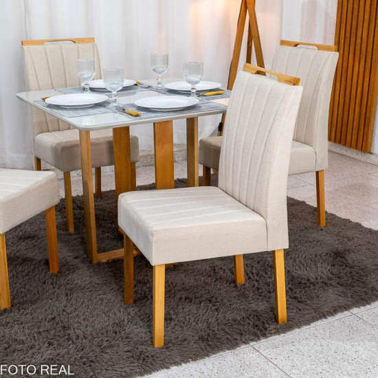 Mesa T�quio 90x90 Vidro Off Base Madeira + 4 Cadeiras Gabi Linho Bege Estrutura Madeira Bom Lar - Entregue Montada