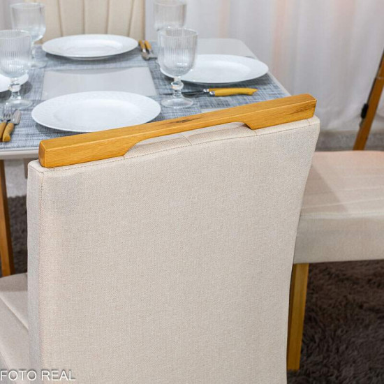 Mesa T�quio 90x90 Vidro Off Base Madeira + 4 Cadeiras Gabi Linho Bege Estrutura Madeira Bom Lar - Entregue Montada
