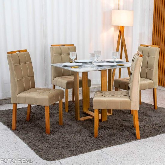 Mesa T�quio 100x80 Vidro Off Base Madeira + 4 Cadeiras Londres Veludo Avel� Estrutura Madeira Minas Plac - Entregue Montada