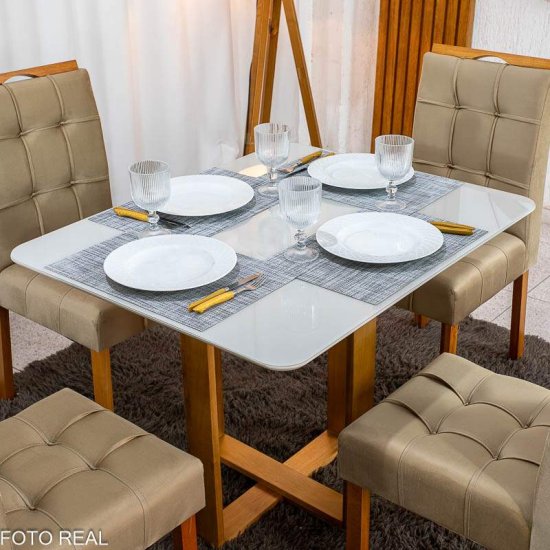 Mesa T�quio 100x80 Vidro Off Base Madeira + 4 Cadeiras Londres Veludo Avel� Estrutura Madeira Minas Plac - Entregue Montada
