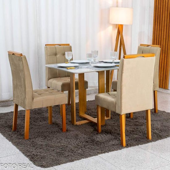 Mesa T�quio 100x80 Vidro Off Base Madeira + 4 Cadeiras Londres Veludo Avel� Estrutura Madeira Minas Plac - Entregue Montada