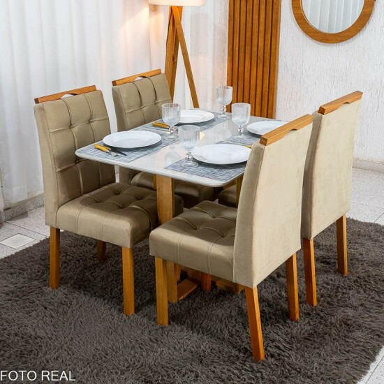 Mesa T�quio 100x80 Vidro Off Base Madeira + 4 Cadeiras Londres Veludo Avel� Estrutura Madeira Minas Plac - Entregue Montada