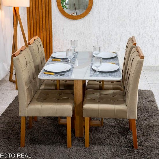 Mesa T�quio 100x80 Vidro Off Base Madeira + 4 Cadeiras Londres Veludo Avel� Estrutura Madeira Minas Plac - Entregue Montada
