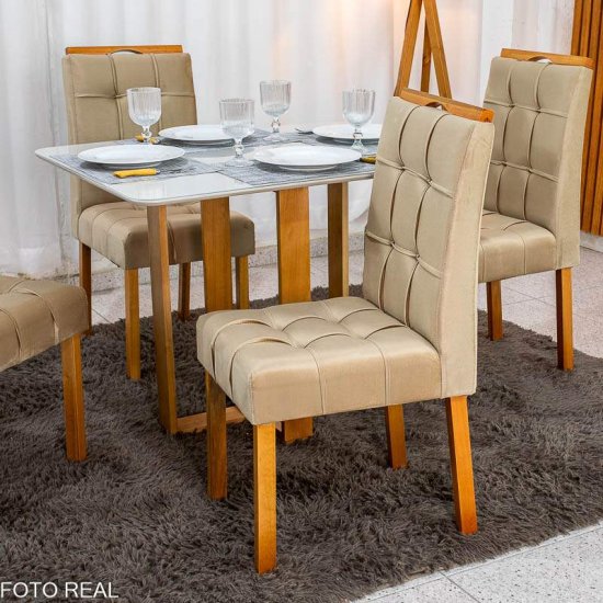 Mesa T�quio 100x80 Vidro Off Base Madeira + 4 Cadeiras Londres Veludo Avel� Estrutura Madeira Minas Plac - Entregue Montada