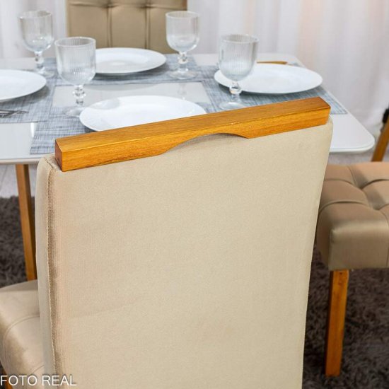 Mesa T�quio 100x80 Vidro Off Base Madeira + 4 Cadeiras Londres Veludo Avel� Estrutura Madeira Minas Plac - Entregue Montada
