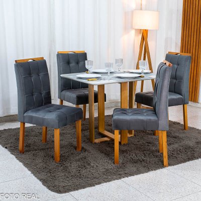 Mesa T�quio 100x80 Vidro Off Base Madeira + 4 Cadeiras Londres Veludo Chumbo Estrutura Madeira Minas Plac - Entregue Montada