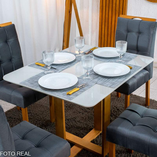 Mesa T�quio 100x80 Vidro Off Base Madeira + 4 Cadeiras Londres Veludo Chumbo Estrutura Madeira Minas Plac - Entregue Montada