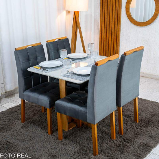 Mesa T�quio 100x80 Vidro Off Base Madeira + 4 Cadeiras Londres Veludo Chumbo Estrutura Madeira Minas Plac - Entregue Montada