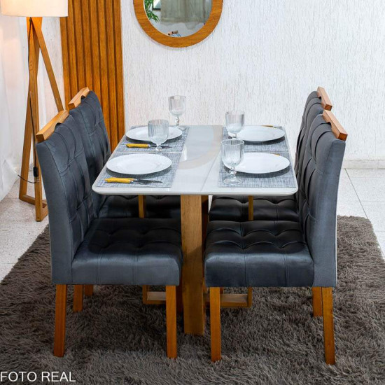 Mesa T�quio 100x80 Vidro Off Base Madeira + 4 Cadeiras Londres Veludo Chumbo Estrutura Madeira Minas Plac - Entregue Montada