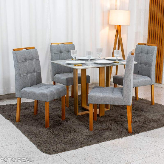 Mesa T�quio 100x80 Vidro Off Base Madeira + 4 Cadeiras Londres Linho Cinza Estrutura Madeira Minas Plac - Entregue Montada