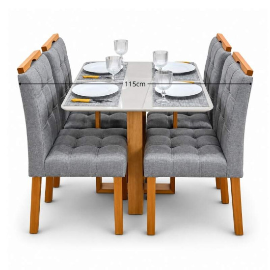Mesa T�quio 100x80 Vidro Off Base Madeira + 4 Cadeiras Londres Linho Cinza Estrutura Madeira Minas Plac - Entregue Montada