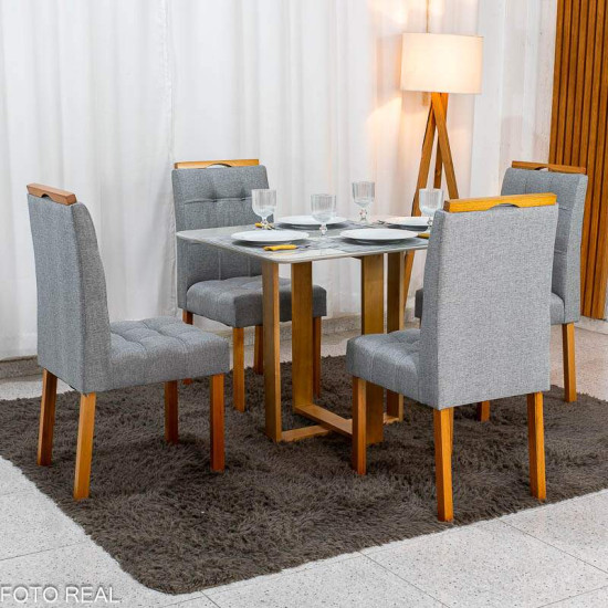 Mesa T�quio 100x80 Vidro Off Base Madeira + 4 Cadeiras Londres Linho Cinza Estrutura Madeira Minas Plac - Entregue Montada