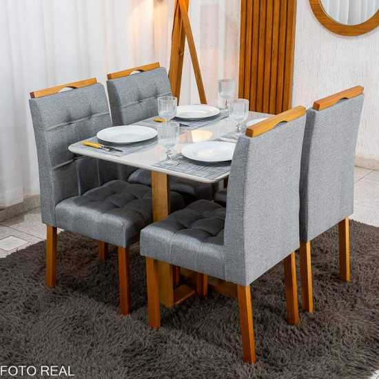 Mesa T�quio 100x80 Vidro Off Base Madeira + 4 Cadeiras Londres Linho Cinza Estrutura Madeira Minas Plac - Entregue Montada