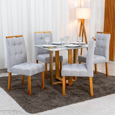 Mesa T�quio 100x80 Vidro Off Base Madeira + 4 Cadeiras Londres Linho Prata Estrutura Madeira Minas Plac - Entregue Montada