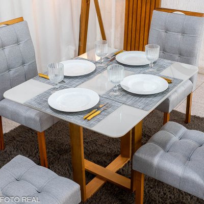 Mesa T�quio 100x80 Vidro Off Base Madeira + 4 Cadeiras Londres Linho Prata Estrutura Madeira Minas Plac - Entregue Montada