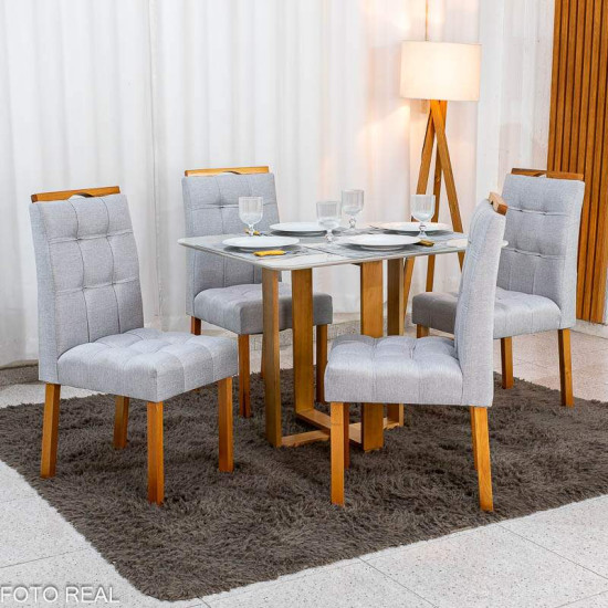 Mesa T�quio 100x80 Vidro Off Base Madeira + 4 Cadeiras Londres Linho Prata Estrutura Madeira Minas Plac - Entregue Montada
