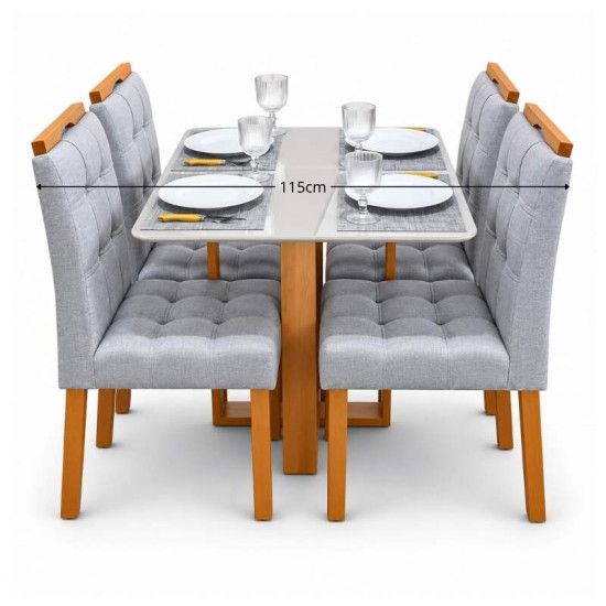 Mesa T�quio 100x80 Vidro Off Base Madeira + 4 Cadeiras Londres Linho Prata Estrutura Madeira Minas Plac - Entregue Montada