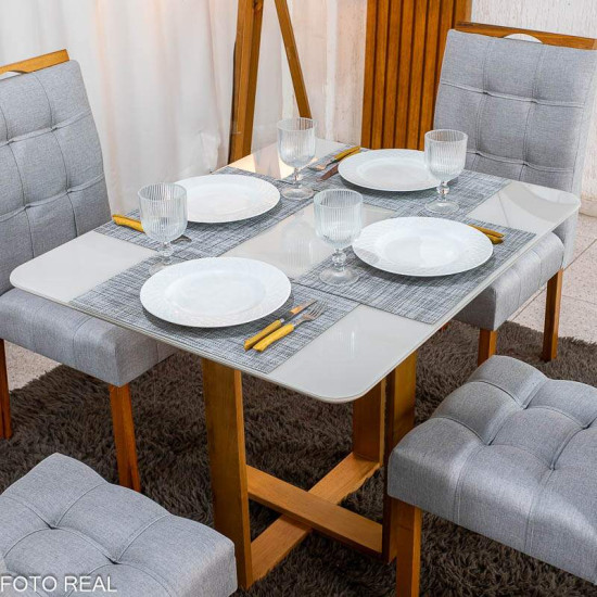 Mesa T�quio 100x80 Vidro Off Base Madeira + 4 Cadeiras Londres Linho Prata Estrutura Madeira Minas Plac - Entregue Montada