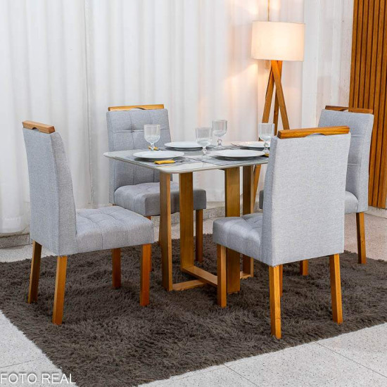 Mesa T�quio 100x80 Vidro Off Base Madeira + 4 Cadeiras Londres Linho Prata Estrutura Madeira Minas Plac - Entregue Montada