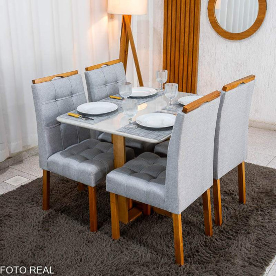 Mesa T�quio 100x80 Vidro Off Base Madeira + 4 Cadeiras Londres Linho Prata Estrutura Madeira Minas Plac - Entregue Montada