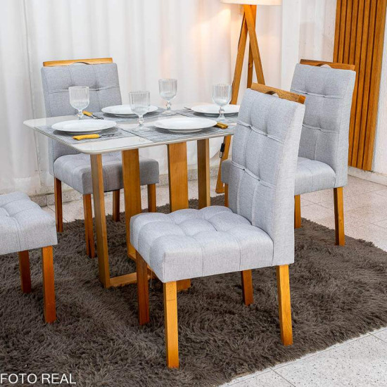 Mesa T�quio 100x80 Vidro Off Base Madeira + 4 Cadeiras Londres Linho Prata Estrutura Madeira Minas Plac - Entregue Montada