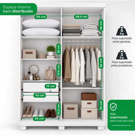Guarda-roupa Solteiro 1,21m Recife Branco 4 Portas 2 Gavetas com P�s - Sall�to