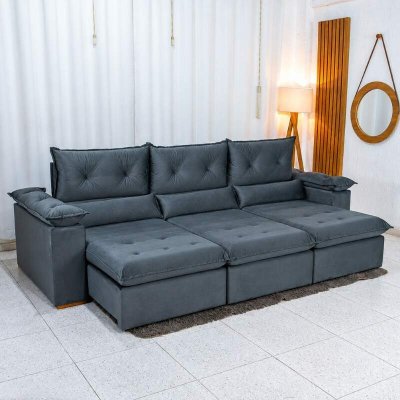 Sof� Retr�til Reclin�vel Dubai 2,90m Veludo Cinza 20