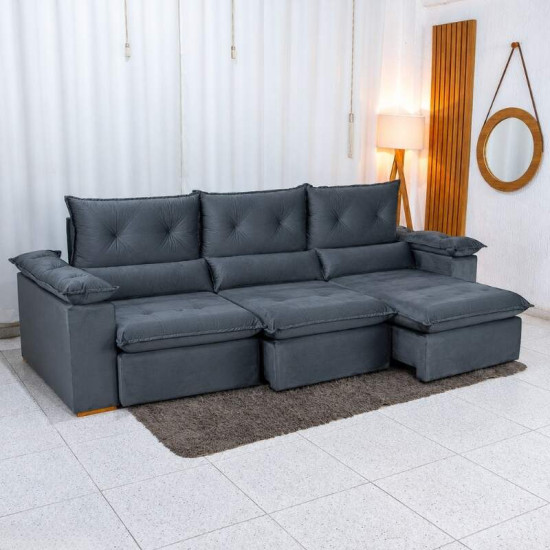 Sof� Retr�til Reclin�vel Dubai 2,90m Veludo Cinza 20