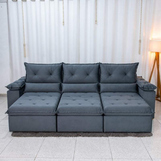 Sof� Retr�til Reclin�vel Dubai 2,90m Veludo Cinza 20
